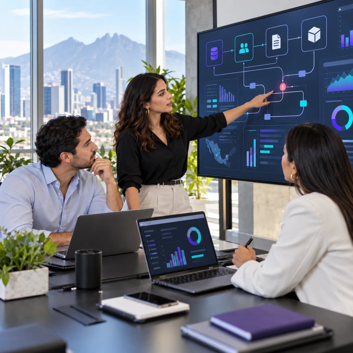Equipo empresarial en México revisando un flujo operativo conectado a datos e inteligencia artificial