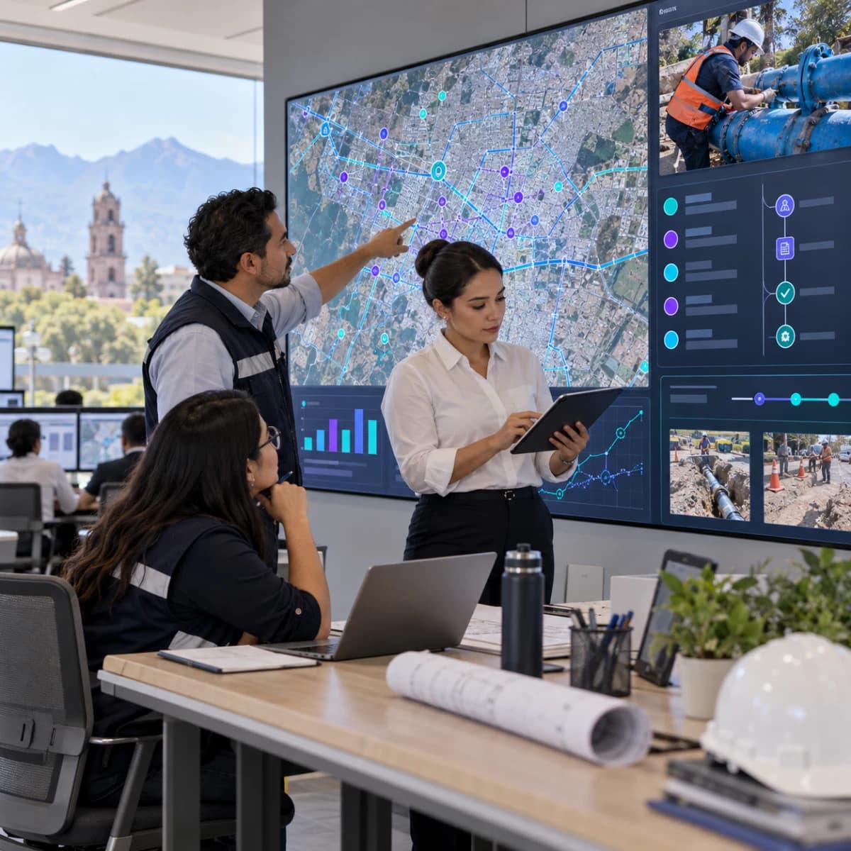 Equipo de servicio público en México coordinando reportes ciudadanos e infraestructura con trazabilidad